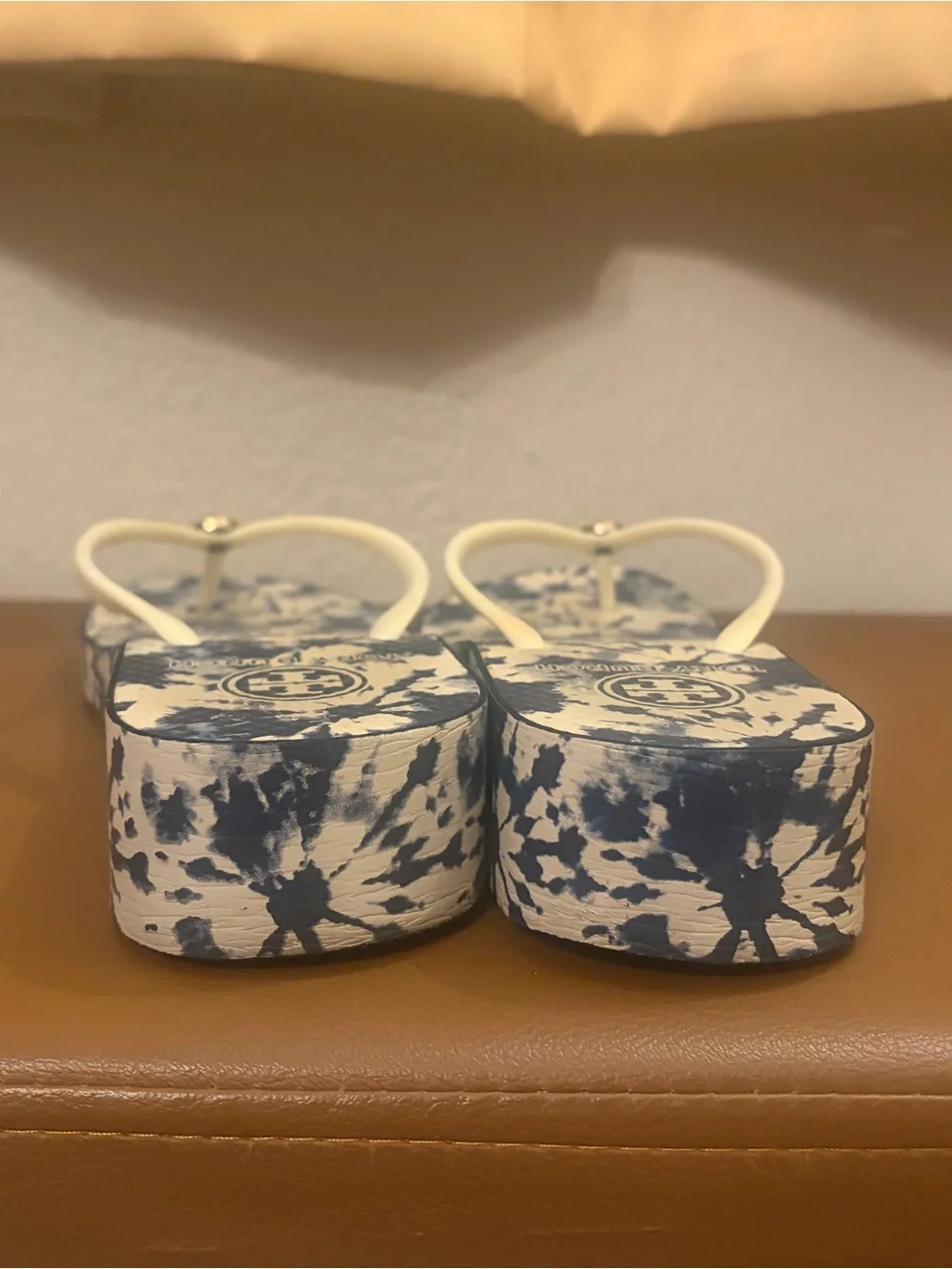 Tory Burch Cream Straps with Navy & White Tie-Dye Platform Sandals